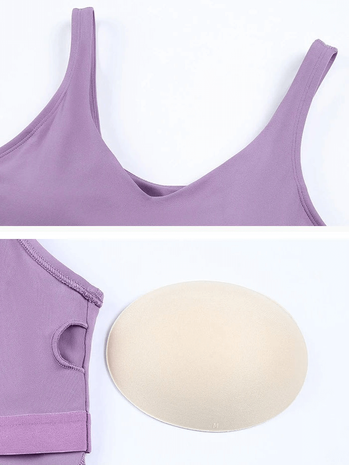 Purple V-Neck Yoga Sports Tank Top with removable padded bras, showcasing breathable, stretchy nylon-spandex material for women’s workouts.